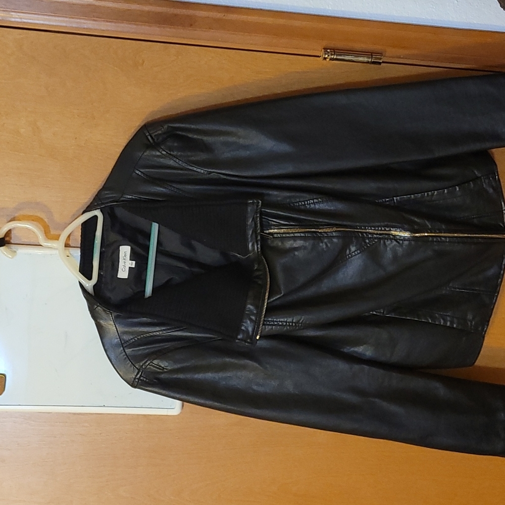 Calvin Klein black leather jacket, front zip, size XL
